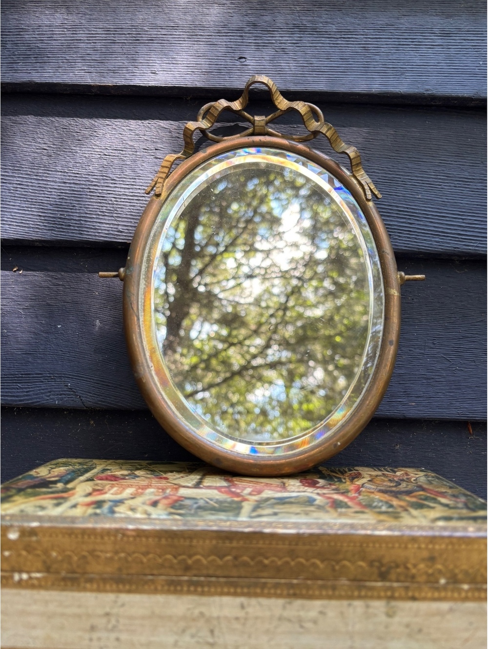 Antique Brass Oval Wall Mirror, Bow Ribbon Top, Victorian Vanity, Boudoir